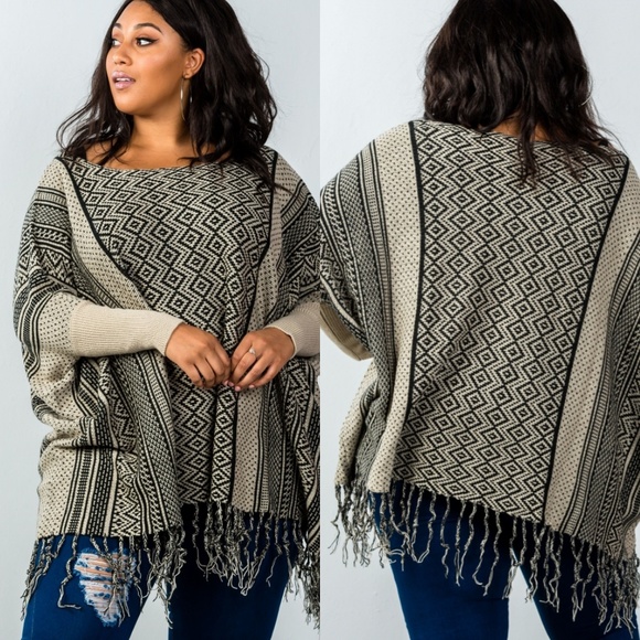 Sweaters - LAST ONE!❤PLUS Beige & Black Poncho Sweater